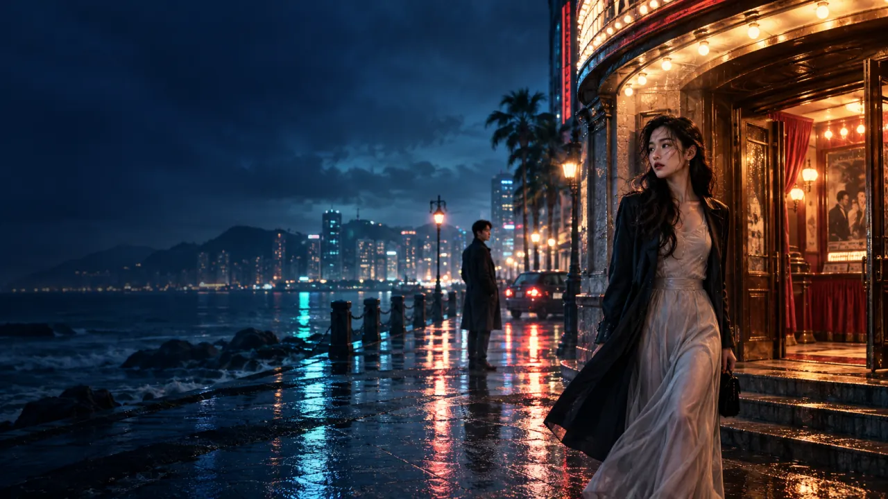 雨夜的城市影院前，一位年轻女性走向街道